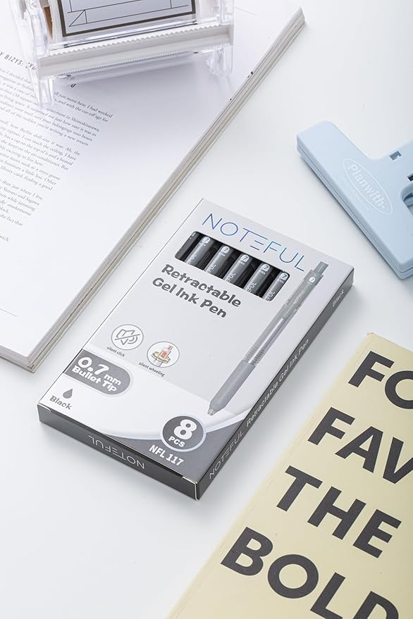 Retractable Silent Click Gel Pens For Journaling, Smooth Writing, Black Gel Ink Medium Point Pen (0.7 mm), Pack of 8