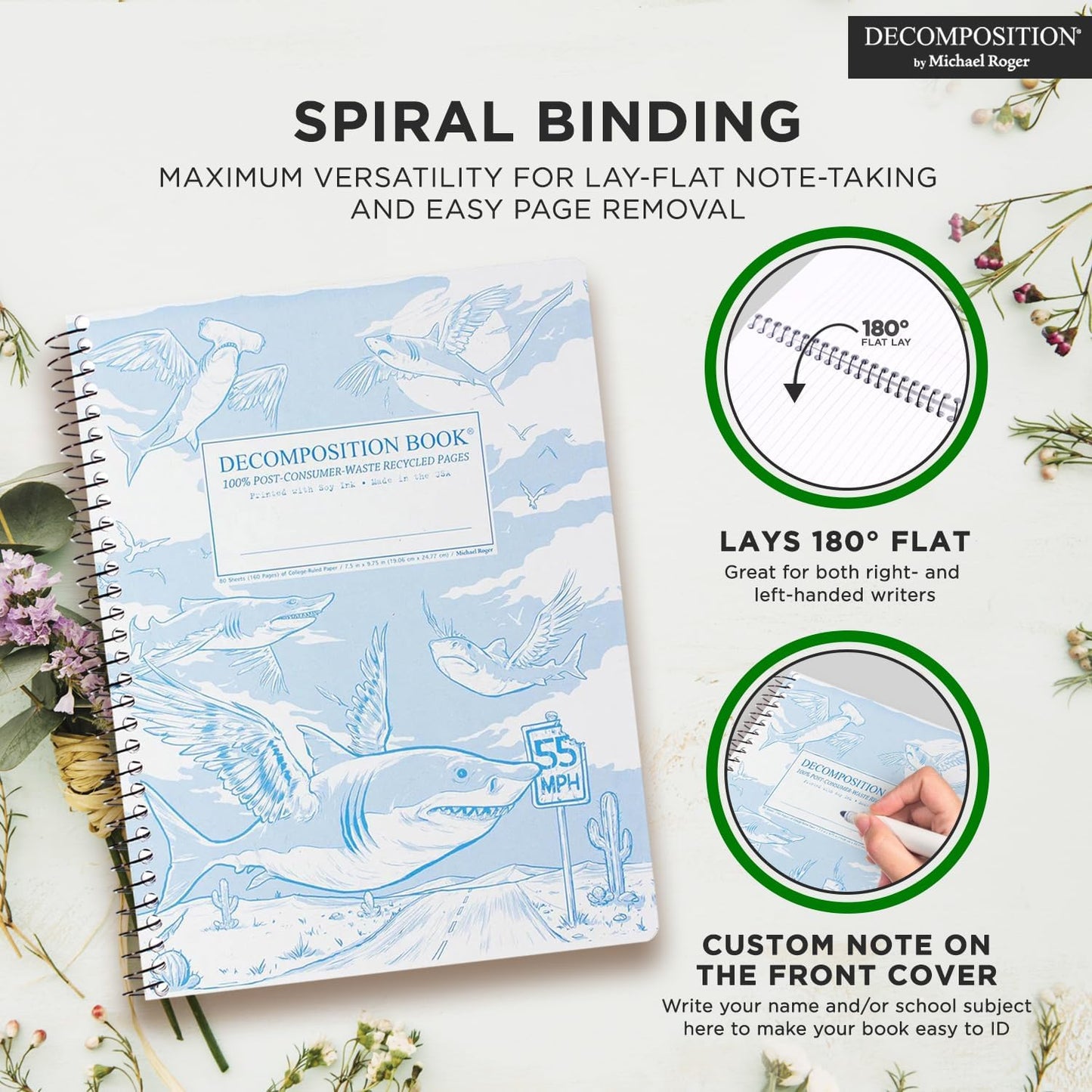 Decomposition Flying Sharks College Ruled Spiral Notebook - 9.75 x 7.5 Journal with 160 Lined Pages - 100% Recycled Paper - Notebooks for School Supplies, Home & Office - Made in USA