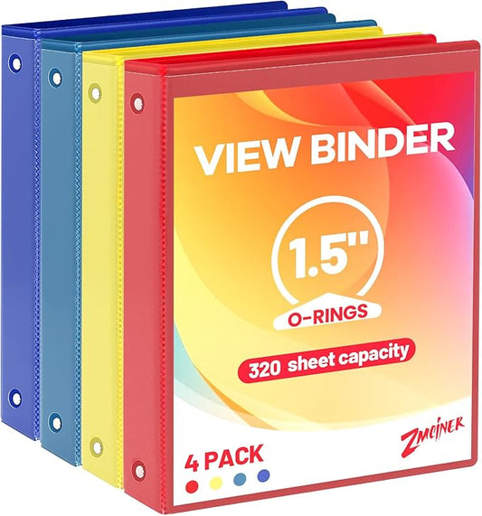 1.5 Inch Binders 3 Ring Clear View Cover Holds 8.5 * 11 inch Papers for School Binder or Office Binder Supplies 4 Packs (4 Colors)