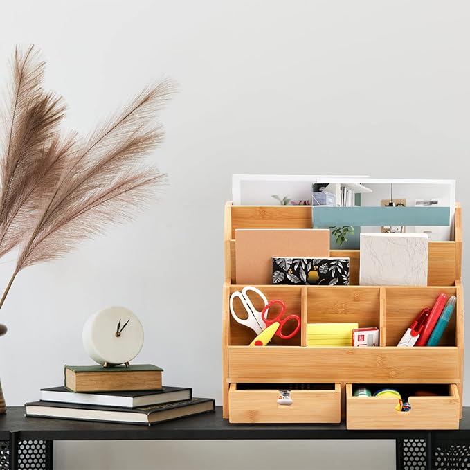 Youeon Bamboo Desk Mail Organizer with Drawers, Large Office Desk Organizer, Countertop Magazine File Holder, Desk Organizer and Sorter for File Letter Paper Office Supplies