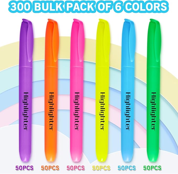 Highlighters, Chisel Tip Dry-Quickly Highlighter Markers, 300 Count-6 Assorted Colors Highlighters Bulk Pack for Adult Kids, Office Classroom Must Have, School Supplies for Teachers (2 Boxes of 150)