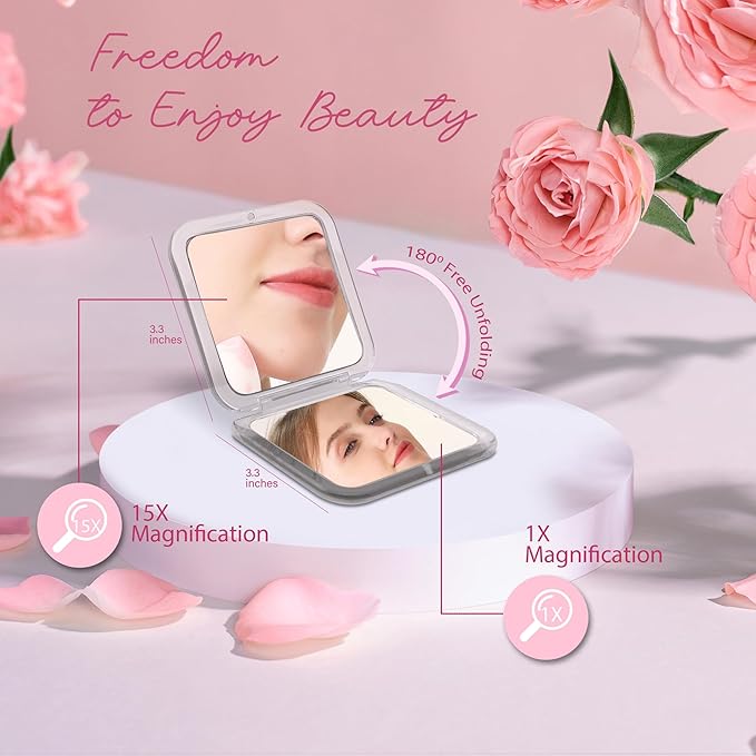 Compact Travel Magnifying Mirror -1x/15x Pocket r – 3.3” x 3.3” Small Square for Purse – Foldable Handheld Magnified Mirror.（Purple）