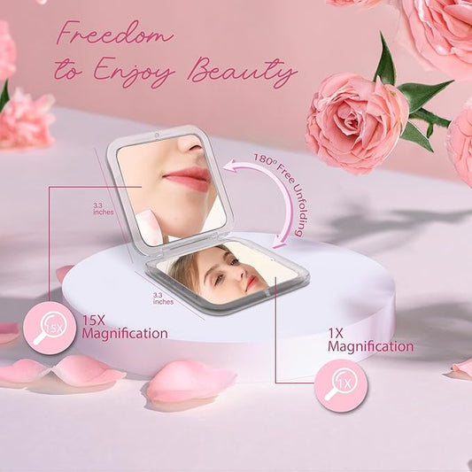 Compact Travel Magnifying Mirror -1x/15x Pocket r – 3.3” x 3.3” Small Square for Purse – Foldable Handheld Magnified Mirror.（Purple）