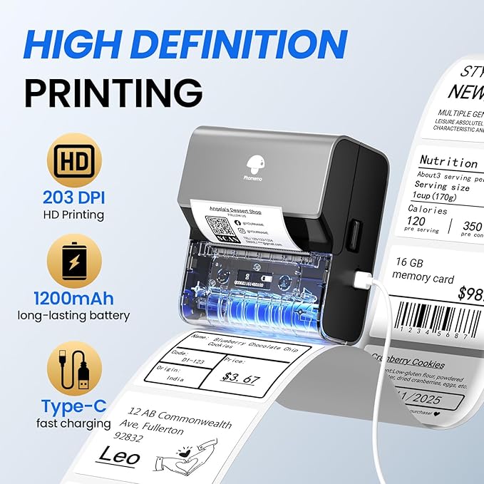 Phomemo Label Makers- Barcode Label Printer M221 3 Inch Label Maker Bluetooth Thermal Printer for Small Business/Home Use, for Barcode, Address, Logo, Stickers, Compatible with Phone & PC, Gray