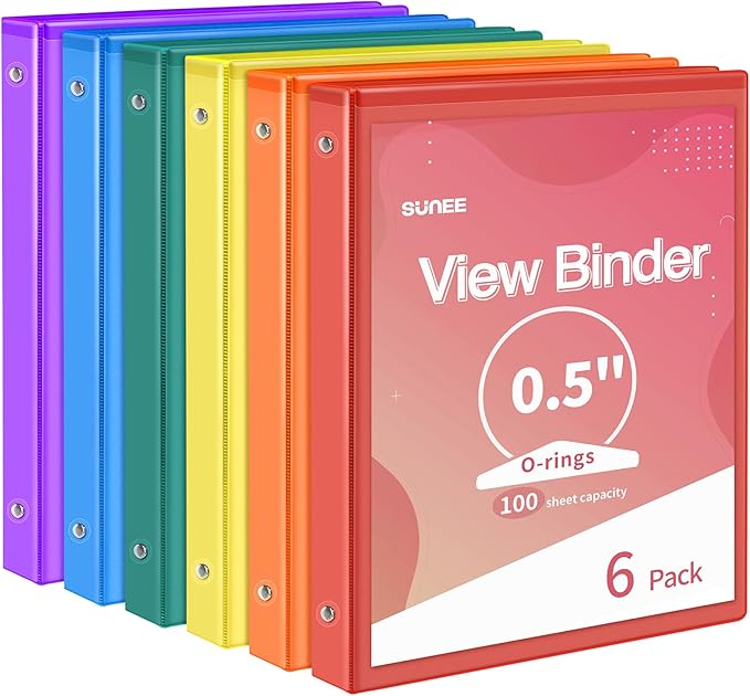SUNEE 1/2 Inch Binders 3 Ring 6 Pack, 3 Ring Binders Half Inch Clear View PVC-Free (Fit 8.5x11 Inches) for School Binder or Office Binder Supplies, Classic 6 Colors