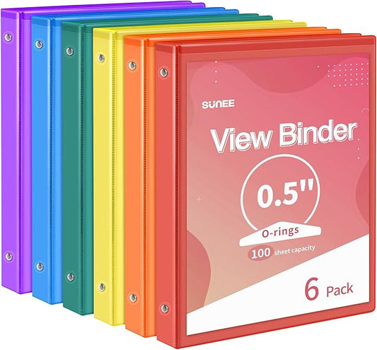 SUNEE 1/2 Inch Binders 3 Ring 6 Pack, 3 Ring Binders Half Inch Clear View PVC-Free (Fit 8.5x11 Inches) for School Binder or Office Binder Supplies, Classic 6 Colors