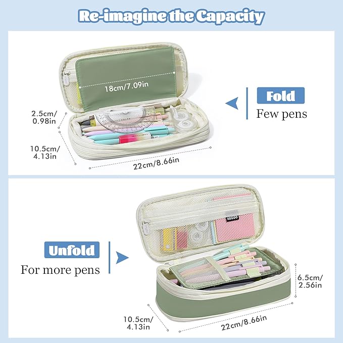 MoKo Large Capacity Pencil Case, Aesthetic Pencil Pouch Bag with Zipper, Cute Pen Case Stationery Organizer Holder for Office/School Supplies, Back to School Gift, Green