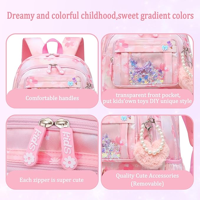 Lovely Girls Backpack School Bag for Students Kids Book Bag with Multiple Pockets Splash-proof Children's Backpack（17inch Set Pink）