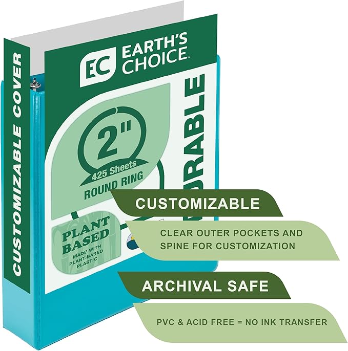 Samsill Plant-Based 2 Inch Durable Round Ring, Made in USA, View Binder, Eco-Friendly, USDA Certified Biobased, Single, Turquoise