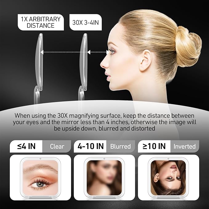 Compact Mirror, 30X Magnifying Mirror, Square Travel Makeup Mirror, 3.3x3.3 inch Small Pocket Mirror, Women's Magnetic Portable Mirrors with Precision Tweezers, Black