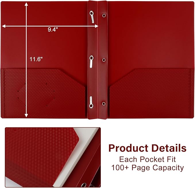 12-Pack Plastic Folders with Pockets and Prongs,2-Pocket Folders with 3 Fasteners, Poly Folders Holds 8-1/2" x 11" Paper for School/Office/Home