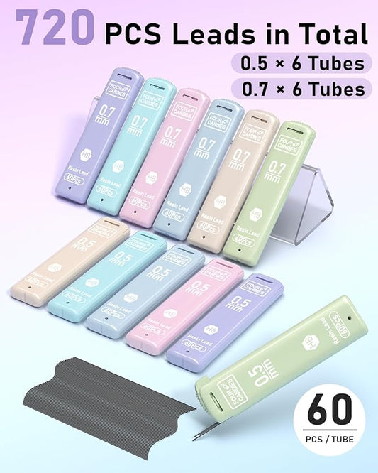 Four Candies 0.5/0.7mm Lead Refills in Case, Pack of 720 PCS Black HB #2 Break Resistant Mechanical Pencil Refills, 12 Tubes (6 of Each Size), 60 Pieces per Tube