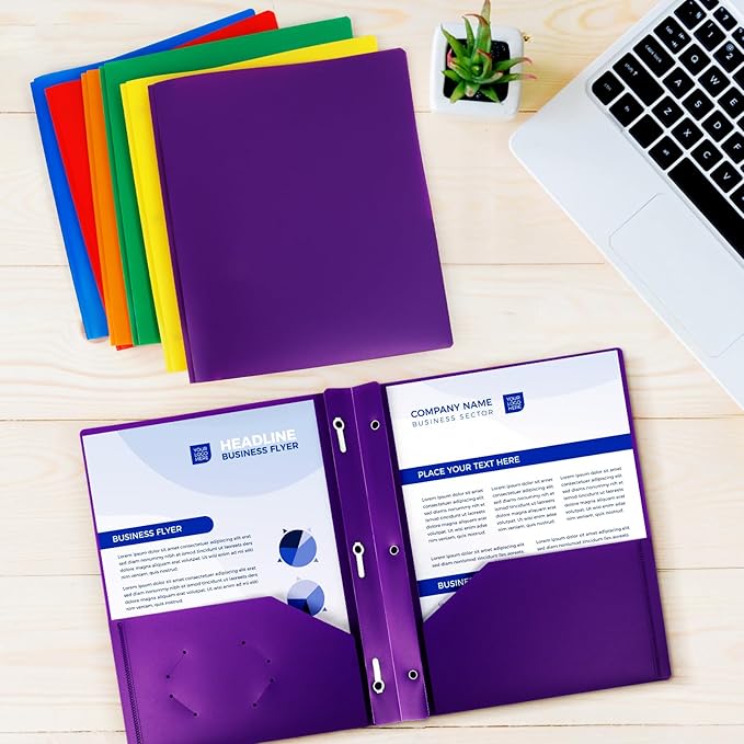 2-Pocket Folders with 3 Prongs,12-Pack Plastic Folders with Pockets and Prong Holds Letter Size Paper, Plastic Pockets Folder for School, Office and Home, Purple