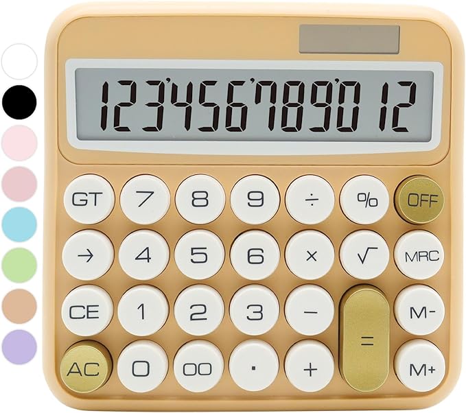 Beige Standard 12 Digit Calculator with Large LCD Display and Big Buttons - Cute Office, School, Home, Business Accessory