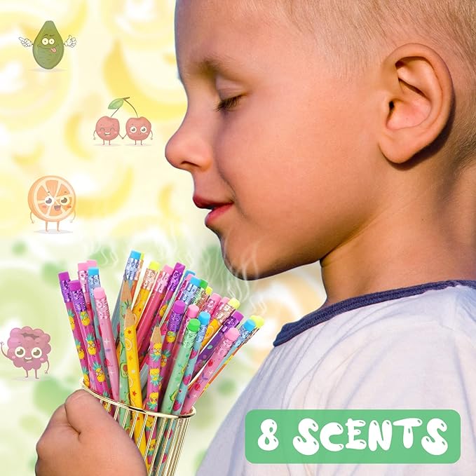 Leinuosen 72 Pcs Scented Pencils for Kids Cute Motivational Colorful Fun Wood HB Pencils Bulk with Erasers Fruit Elements for School Office Classroom Student