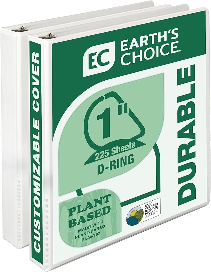 Samsill Earth's Choice, 1" Durable D-Ring View Binder, USDA Certified Biobased, Eco-Friendly, White, 2 Pack