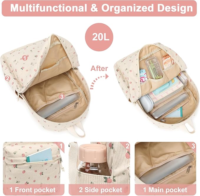 School Backpack for Teens Large Corduroy Bookbag Lightweight 15.6 inch Laptop Bag for Girls Women Casual High School College