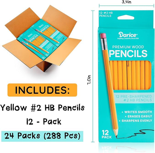Darice Wood-Cased Pencils, 288pc Bulk Pre-sharpened #2 HB Pencils with Eraser for Classroom Back to School Supplies, 12 x 24 Pack