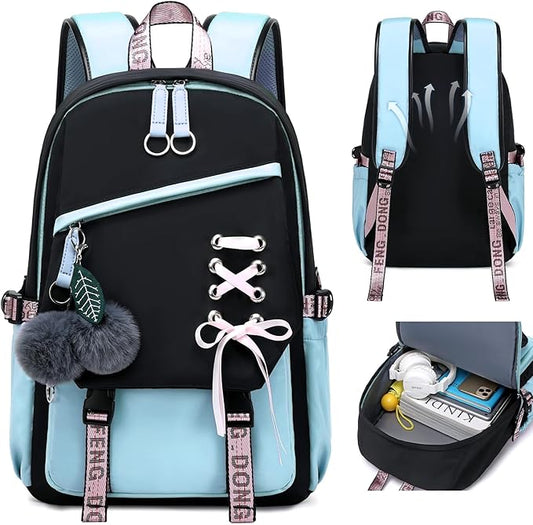 FENGDONG Teenage Girls Bookbag school Backpack Children Casual Daypack Schoolbag for Teens Blue
