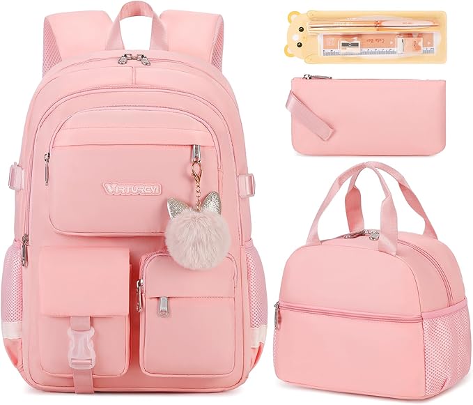 3PCS School Backpack For Student Women College Middle High Teen Girls Bookbag Waterproof Laptop Bag Pink