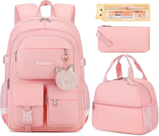 3PCS School Backpack For Student Women College Middle High Teen Girls Bookbag Waterproof Laptop Bag Pink