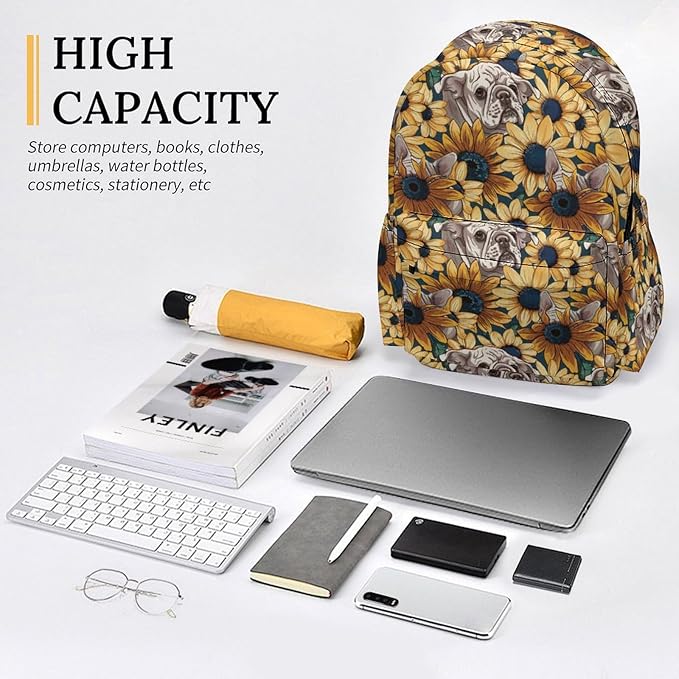17 Inch Laptop Backpack Cartoon French Bulldog Face Sunflower Teen Girls Boys School Backpack Bags Travel Bookbag Back Pack Outdoor Daypack for Women Men