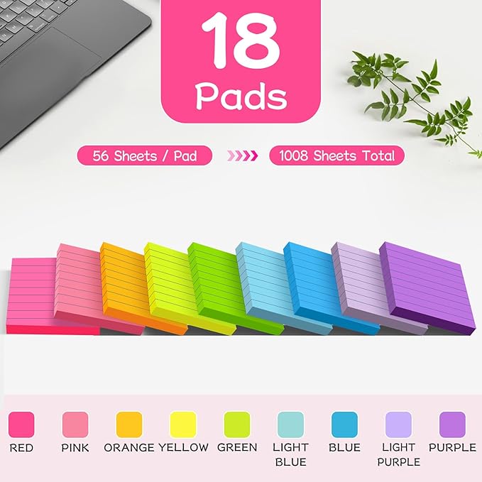 (18 Pads) Lined Sticky Notes 3x3 in Bright Ruled Post Stickies Colorful Super Sticking Power Memo Pads