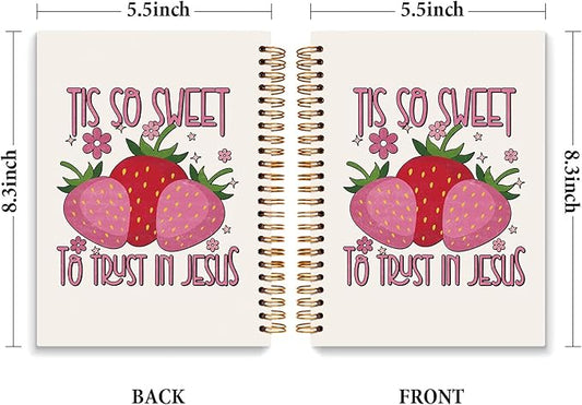 JXREQ Pink Strawberry Christian Bible Journal Notebook, Prayer Journal for Women, Scripture Journal, Church Notes Notebooks, Tis So Sweet to Trust Jesus 5.5x8.3