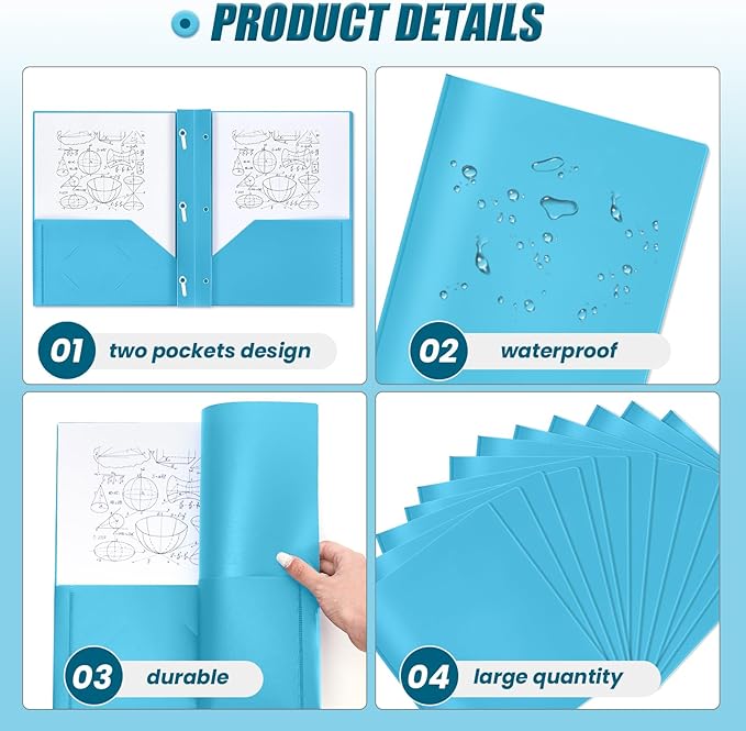 Lincia 100 Pcs Plastic Folders with Pockets and Prong Folders with Prongs Plastic Folders with 2 Pockets Pocket Folders for Office, School for Students, Teachers, Office Workers (Light Blue)