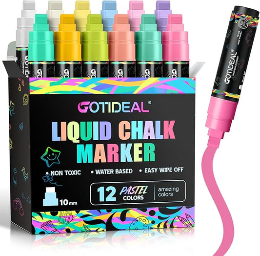 GOTIDEAL Window Markers, Jumbo Chalk Markers for Blackboard, Washable Car Marker for Chalkboard Glass Mirrow,10mm Thick Tip12 Colors(Pastel Color)