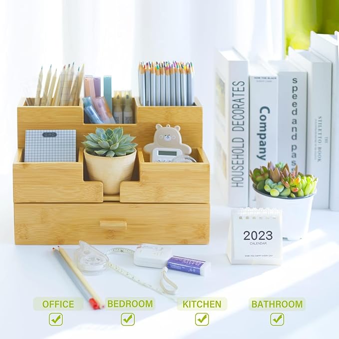 Bamboo Desk Organizer - Makeup & Pen Storage with Drawer & Pencil Holder for Office Organization