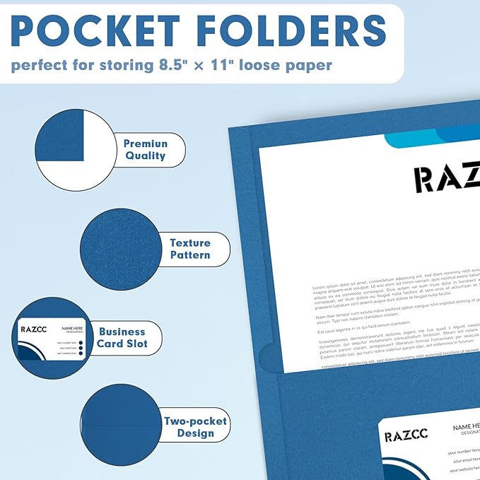 Two Pocket Folders, RAZCC 75 Pack 2 Pocket Folders Fit Letter Size Paper, Paper Folders with Pockets for School Office Business Home, Navy Blue