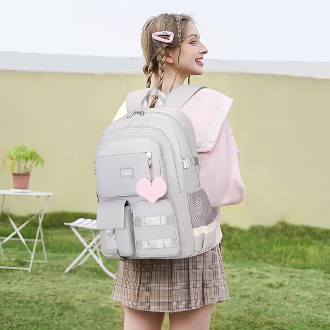 3PCS Student Backpack For School Women College Middle High Teen Girls Bookbag Waterproof Laptop Bag Grey