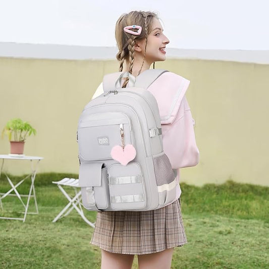3PCS Student Backpack For School Women College Middle High Teen Girls Bookbag Waterproof Laptop Bag Grey