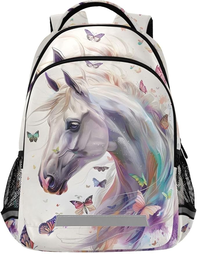 White Horse Butterfly Backpack for Girls Boys Elementary School Bag Kids Bookbag Travel Rucksack