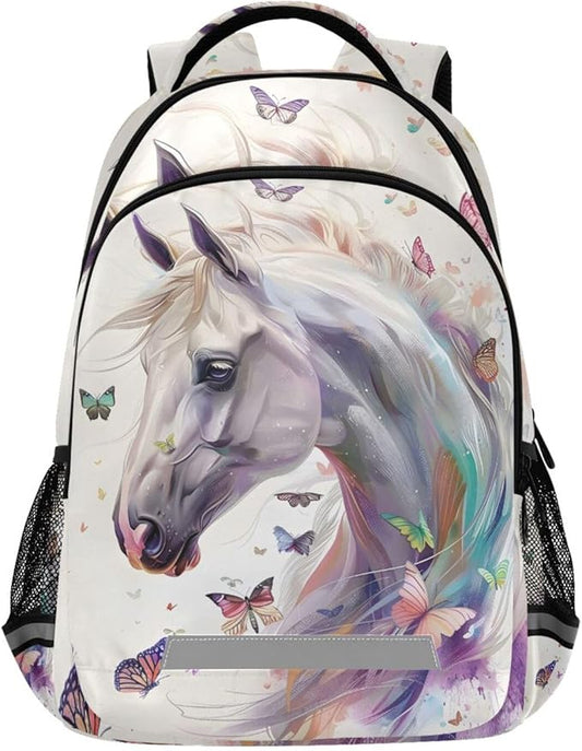 White Horse Butterfly Backpack for Girls Boys Elementary School Bag Kids Bookbag Travel Rucksack