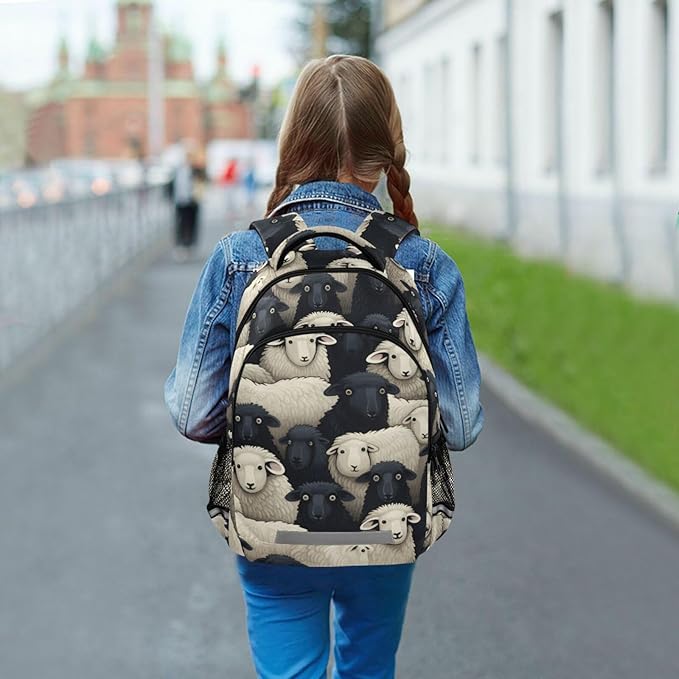 Backpack for Students Boys Girls Black White Lamb Sheep School Bag Travel Daypack Rucksack