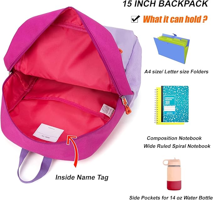 HawLander Little Kids Backpack for Girls Toddler School Bag Fits 3 to 6 years old, 15 inch, Purple