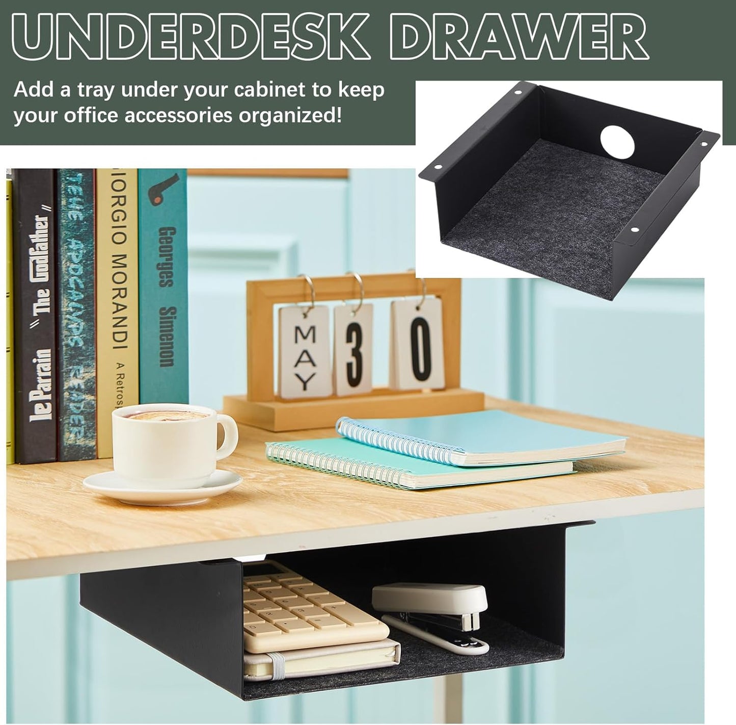 2 Pack Under Desk Storage Shelf, Carbon Steel Tray with Mute Felt Sheets, Mount Shelves Organizer for Office Home Workstation Gaming Stand Up Desk (7.5x8x2.8 In/Storage Shelf,Black)