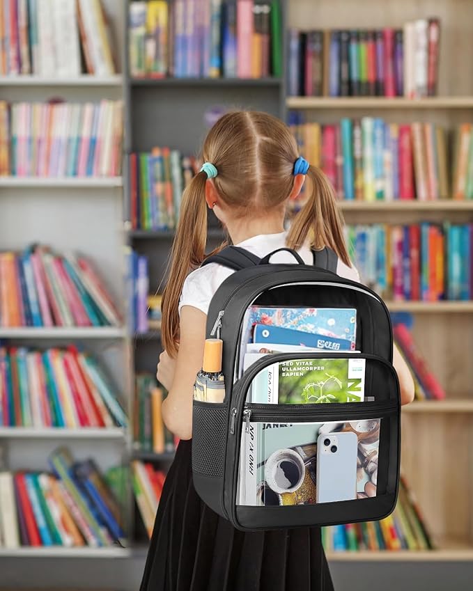 Clear Backpack, Heavy Duty Transparent Bookbag for School, Fabric & PVC Transparent Backpack with Reinforced Strap for Women Men, Capacity Clear Bag for College, Medium Black