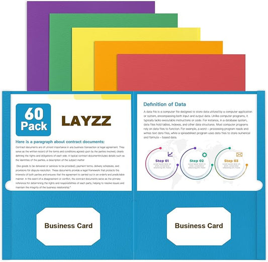 60 Pack 2 Pocket Folders, Letter Size, Professional Style, 6 Colors