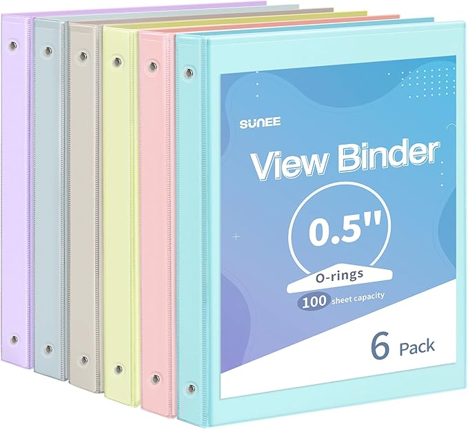 SUNEE 1/2 Inch Binders 3 Ring 6 Pack, 3 Ring Binders Clear View PVC-Free Bulk (Fit 8.5x11 Inches) for School or Office Supplies, Pastel Binder