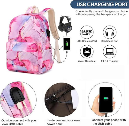 Teen Girls School Backpack Kids Bookbag Set with Lunch Box Pencil Case Travel Laptop Backpack Casual Daypacks, Large, Pink-marble