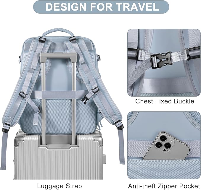 Large Travel Backpack Carry on Flight Approved Mochila De Viaje Carry on Backpack for Airplanes Spirit Airlines Personal Item Bag 18x14x8 Inches Travel Bag Traveling Backpack for Women Men Grey Blue