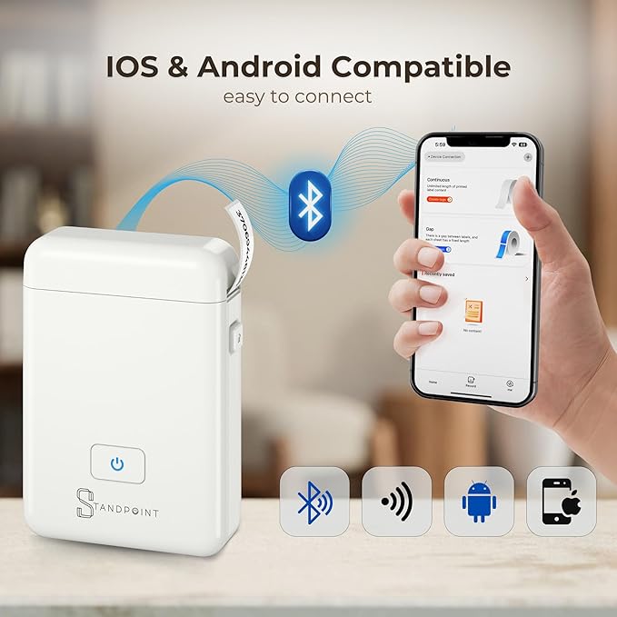 Standpoint Label Maker Machine with Tape: Portable Bluetooth Thermal Label Printer HP2 for Easy Organization - Wireless, Inkless, High-Resolution for Home and Office Supplies
