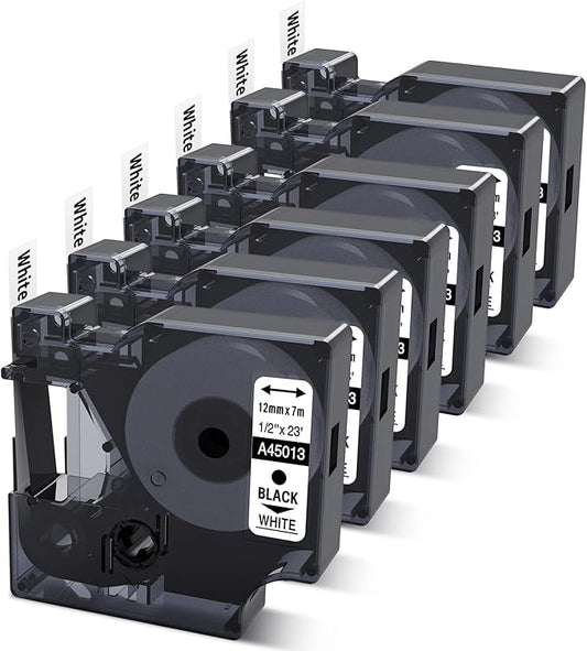 6-Pack Compatible Dymo D1 Label Tape 45013 1/2 Inch x 23 Ft Replace DYMO Label Maker Refills d1 a45013 S0720530, Black on White, 45013s for Dymo LabelManager 160 280 210D 360D 420P PnP