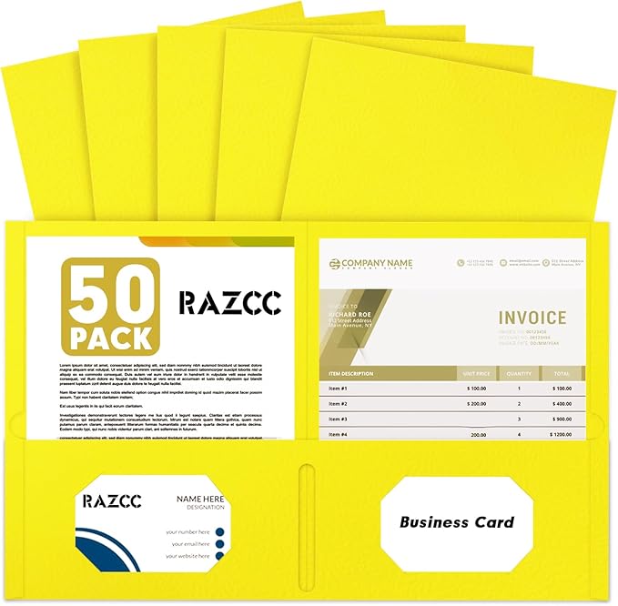 Two Pocket Folders, RAZCC 50 Pack 2 Pocket Folders Fit Letter Size Paper, Paper Folders with Pockets for School Office Business Home, Yellow
