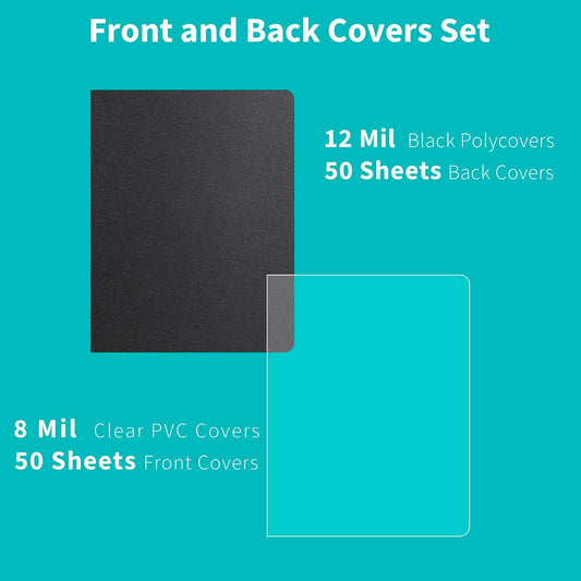 Binditek 100 Pack Binding Covers and Backs Set, 8.75 x 11.25 Inches, 50 Clear PVC (8Mil), 50 Sand-Textured Polycovers (12Mil), Oversize