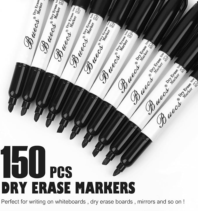 Black Dry Erase Markers, Low-Odor, 150 Count, Chisel tip, Perfect for Writing on Whiteboards, Dry-Erase Boards, Glass, School Office Supplies