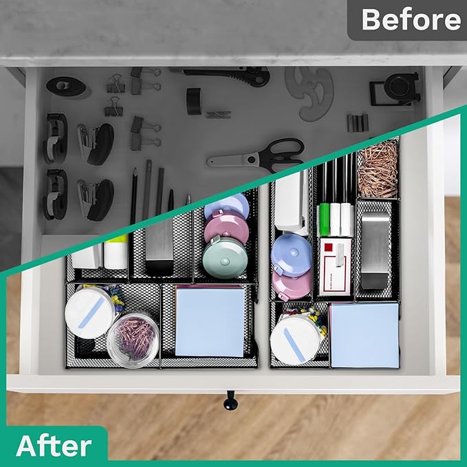 Desk Drawer Organizer Tray Versatile Metal Mesh Desk Organizers and Accessories for Office Supplies, School, Home, 10.34 x 6.1 x 1.38 Inches